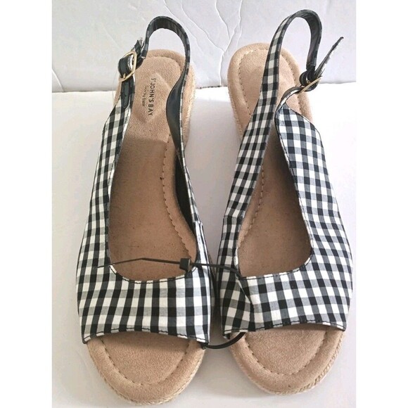 St Johns Bay Wedge Sandals Size 9.5 Lindy Black White Gingham Picnic Pattern New - Picture 1 of 8